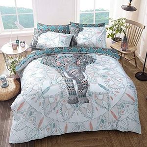 Sleepdown Olifant Mandala Teal Bed Omkeerbare Quilt Dekbedovertrek Set Gemakkelijk Onderhoud Anti-Allergisch Zacht en Glad Met Kussenslopen Super King, Groenblauw