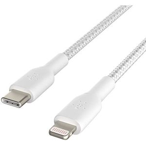 Belkin gevlochten USB-C/Lightning-kabel (iPhone-snellaadkabel voor iPhone 14 en ouder) Boost Charge MFi-gecertificeerde iPhone USB-C-kabel (1 m, wit)