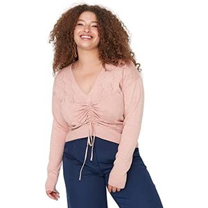 Trendyol Dames V-hals Ajouré Regular Plus Size Sweater Sweater, Roze, 4XL, roze, 4XL