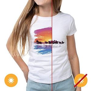 Del Sol T-shirt voor tieners, meisjes, met crew - wilde paarden, wit t-shirt - verandert van paarse naar levendige kleuren in de zon - 100% gekamd, ringgesponnen katoen, korte mouwen, maat YM