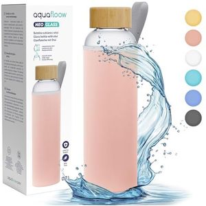 Aquafloow Waterfles van Borosilicaatglas 700 ml met Neopreen Hoes, Transparante Drinkfles Glas met Bamboe Dop | Ideaal voor Kantoor, Buiten, School, voor Koolzuurhoudende Dranken – Roze