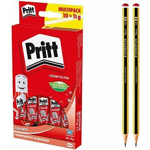Pritt lijmstift, veilige en kindvriendelijke lijm voor knutselen, sterke lijm voor school en kantoor, voordelige set met 10x 11 g Pritt stift en 2x HB potloden