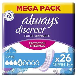 Always Discreet Incontinentie-handdoeken voor dames, lang, 4 druppels, grote blaaszwakte, volledige en discrete bescherming, compatibel na de geboorte