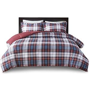 Madison Park Essentials Parkston Plaid Dekbed, bijpassende Sham, 3M Scotchguard Stain Release Cover, Hypoallergeen All Season beddengoed, set, volledig/koningin, rood, 3 delig