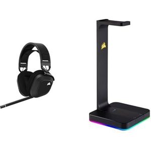 Corsair HS80 RGB WIRELESS Gamingheadset met Ruimtelijke Audio (Lage Latentie, Draadloze compatibiliteit met PS5 en PS4) Zwart & Corsair St100 RGB Premium-headsetstandaard met 7.1 surround sound