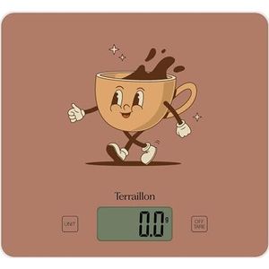 TERRAILLON - T1040 RETRO COFFEE - Elektronische plantenweegschaal, glasplaat, capaciteit 3 kg, schaal 1g, tarra, vloeibare omzetting, ultradun en compact - LCD-display - Retro Coffee