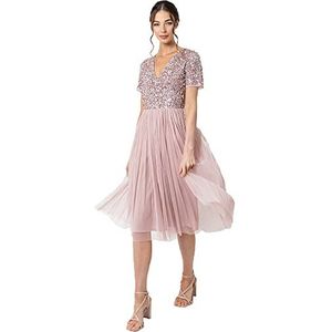 Maya Deluxe Vrouwen verfraaid Midi Avondjurk Dames V-hals met korte mouw voor prom bruiloft bruidsmeisje, Frosted Roze, 44