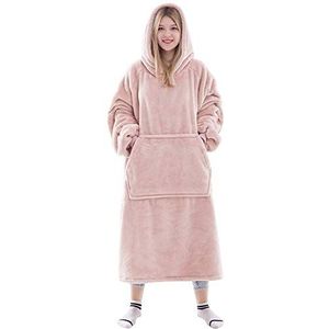 Waitu Draagbare deken sweatshirt voor dames en heren, super warme en gezellige grote deken hoodie, dikke flanellen deken met mouwen en gigantische zak - roze