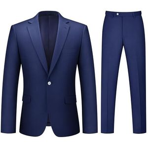 LORENZO BRUNO Herenpak, 2-delige pakken voor mannen, slimfit met één knop, effen jas en broek, smokingsset, zakelijk bruiloftsfeest, marineblauw, M