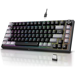 KOORUI Mechanisch toetsenbord, gamingtoetsenbord, draadloos/bekabeld/bluetooth 26 RGB oplaadbare 4000 mAh batterij, 82 toetsen, Duitse QWERTZ-lay-out voor Windows MacOS Linux-rode schakelaar