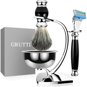 GRUTTI Deluxe borstelset met luxe borstelhouder en borstelhouder voor zeepschaal en scheerbenodigdheden, compatibel met Fusion 5