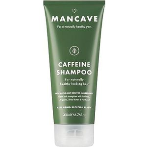 ManCave Shampoo voor heren, 200 ml cafeïneshampoo, shampoo tegen haaruitval, natuurlijke formule voor gezonde haargroei, veganistisch, dierproefvrij, tube van gerecycled kunststof, gemaakt in GB