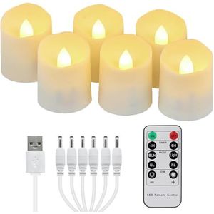 FREEPOWER 6 Oplaadbare led theelichtjes met afstandsbediening timer flikkeren, warm wit, dimbaar, elektrische oplaadbare kaarsen met USB-kabel, decoratie voor Kerstmis Halloween familie, Ø 4 x 4,5 cm