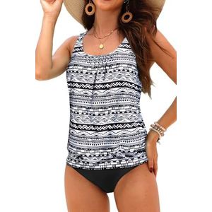 Yonique Blouson Tankini Badpakken voor Vrouwen Losse Fit Bloemen Gedrukt Bescheiden Tweedelige Badpakken, Zwart en Wit, L
