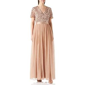 Maya Deluxe Maxi-jurk voor dames, bruidsmeisje, V-hals, baljurk met korte mouwen, lang, elegant, empire-taille, bruiloft, Taupe Blush, 40