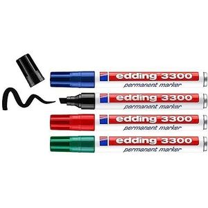 edding 3300 permanent marker - zwart rood blauw groen - 4 stiften - beitelpunt 1,5-3mm - sneldrogende permanent marker - water - en wrijfvast - voor karton kunststof hout metaal - universele marker