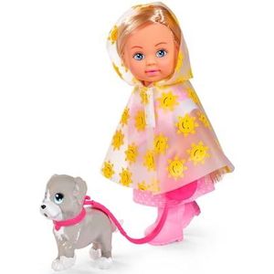 Simba 105733592 - Evi Love Rainy Walk, pop in regenoutfit met regencape en rubberen laarzen, met schattige hond en hondenriem, 12 cm speelpop, vanaf 3 jaar