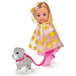 Simba 105733592 - Evi Love Rainy Walk, pop in regenpak met regencape en rubberen laarzen, met schattig hondje en hondenriem, 12cm speelpop, vanaf 3 jaar.