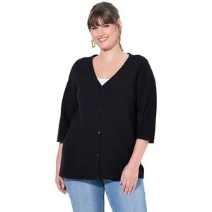 Ulla Popken Gebreid vest voor dames, grote maten, plussize, V-hals, 3/4-mouw, biologisch katoen, zwart, 50-52 Grote maten