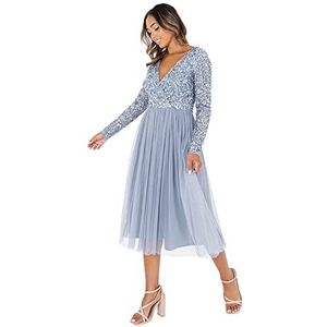 Maya Deluxe Dames Maya Faux Warp Front Versierde Midi Jurk Bruidsmeisje, Dusty Blue, 24