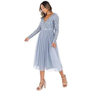 Maya Deluxe Maya Faux Warp Front Verfraaid Midi Jurk Bruidsmeisje, Dusty Blauw, 44