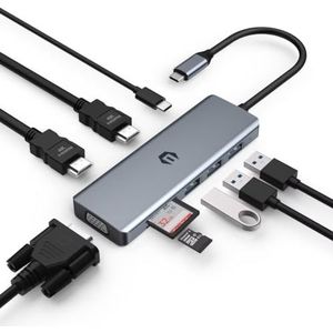OOTDAY USB C splitter, 9-in-1 USB C hub adapter, inclusief 2 x 4K HDMI, VGA, 100 PD, 3 USB 3.0, SD/TF-kaartlezer, compatibel met laptops en andere USB type C laptops