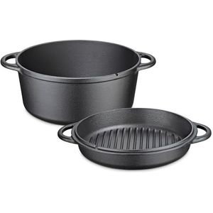 Küchenprofi Stoofpan BBQ, geëmailleerde gietijzeren pan voor barbecue, vuurschaal en alle warmtebronnen, inclusief inductie, ovenbestendig, deksel als grillpan bruikbaar, Ø 26 cm, 5 l, zwart