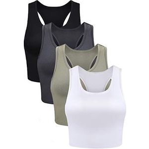 Boao 4 Stuks Basic Crop Tank Tops Mouwloos Racerback Crop Sport Top voor Vrouwen, Zwart, Wit, Grijs, Olijfgroen, M