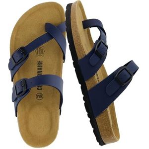 CUSHIONAIRE Luna Cork Footbed Women's Sandals - Comfortable Slip-On Slides with Adjustable Straps & Memory Foam for All-Day Wear | Beach Essential Summer Sandals for Women 2025, NAVY 9
