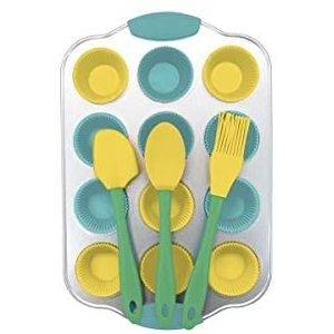 Zenker 44897 16-delige mini-cupcake-set voor kinderen met spatel, lepel, kwast, bakvorm met 12 afdrukken en 12 vormpjes, siliconen, koolstofstaal, blauw, groen, geel, grijs, van 5 cm tot 30 cm