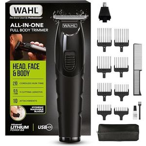WAHL All in One Trimmer, Volledige verzorging van haar, baard, oren, neus en lichaam, krachtige lithiumaccu, afwasbare opzetstukken en breed T-snijmes, 0,5 mm tot 25 mm, 210 min. gebruik na opladen