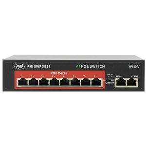 Switch POE PNI SWPOE82, 8 POE 100Mbps-poorten en 2 UP Link 100Mbps-poorten, 120W, AI Extend-functie tot 250m, 4kV bliksembeveiliging