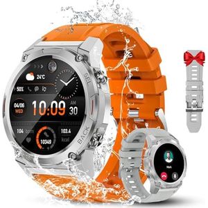 OUKITEL BT50 Smartwatch, 1,43 inch HD-scherm, bluetooth-oproepen, SpO2/slaap/hartslagbewaking, waterdicht IP68, 100 sportmodi, batterij 400 mAh, dubbele armband, wit/oranje, Zilver, L, Sportief