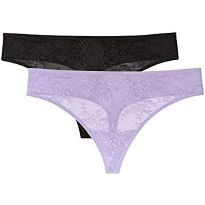 Smart & Sexy Dames Trim Thong Panty 2 Pack, Zwarte Tint Lila Iris (Glad Kant), XL
