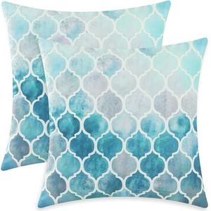 CaliTime Set van 2 gezellige kussenslopen voor bank bed sofa handmatig handgeschilderde kleurrijke geometrische trellis ketting print 40 cm x 40 cm, grijs groenblauw