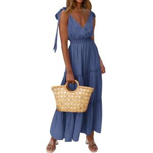 PRETTYGARDEN Women's Cross Neck Summer Sleeveless Tiered Maxi Dress Beach Tie Strap Smocked Long Dresses Pleated Sundress (Dark Blue,Medium)