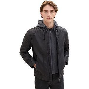 TOM TAILOR Heren nep leren jas in biker-stijl met afneembare capuchon & binnenjas van jersey, 29999-zwart, L