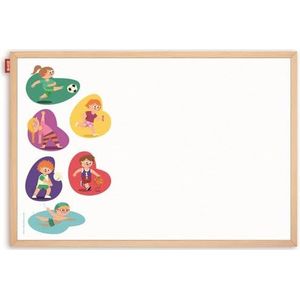 Memobe - Leerbord - Game Sport Adventure! - voor kinderen - Whiteboard met opdruk Sport - beschrijfbaar & magnetisch - wandbord - wit - afwasbaar - houten frame - 90x60 cm