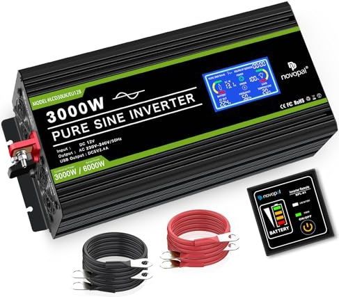 NOVOPAL 3000W Omvormer 12V naar 230V Zuivere Sinus Spanningsomvormer Beeldscherm LCD met een USB- 5 meter afstandsbediening en twee koelventilatoren voor RV Truck Boat