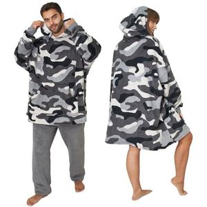 Dreamscene Camo oversized hoodiedeken, zachte pluche sherpa-fleece, draagbare warme sprei, gezellige gigantische herenjas - houtskoolgrijs wit