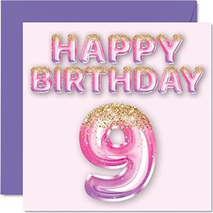 9e verjaardagskaart voor meisjes - roze en paarse glitter ballonnen - gelukkige verjaardagskaarten voor 9-jarige meisje dochter zus kleindochter neef, 145mm x 145mm Negen Negen Bday wenskaarten cadeau