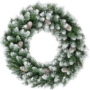 60 cm ronde kerstkransen groene kunstslingers met sneeuwvlokkendecoratie, 120 takpunten van dennenbladeren, 8 lange dennenappels, kerstdecoratie om op te hangen