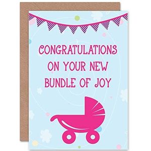 Wee Blue Coo Wenskaart voor babypakket, motief: kinderwagen, roze