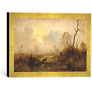 Ingelijste foto van Eduard Schleich der Jongere ""Altwasser mit Reh"", kunstdruk in hoogwaardige handgemaakte fotolijst, 40x30 cm, Gold Raya