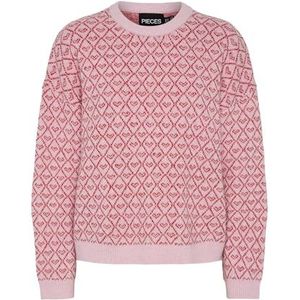 PIECES Dames Pcnavi Ls O-Neck Knit Mm Pullover, Roseate Spoonbill/Aop: lollipop harten, L