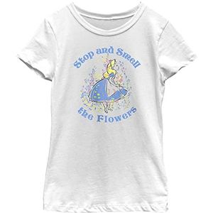 Disney Wonderland Alice Stop and Smell The Flowers Girls Standard T-shirt, wit, X-Small, wit, XS