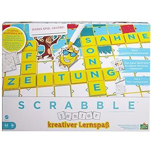 Mattel Games HCK86 Scrabble Junior Kids kruiswoordpuzzelspel met 2 spelniveaus, 6 minispellen en stickers voor individuele vormgeving, bordspel vanaf 6 jaar