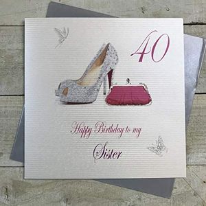 Wit Katoen Kaarten 40 Gelukkig Zuster, Handgemaakte Grote 40e Verjaardag Kaart (Pink Handtas & Schoenen)