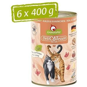 GranataPet DeliCatessen kalf & konijn, natte voer voor katten, zonder granen en zonder extra suiker, lekker en gezond eten voor kleine gourmets met veel vlees en hoogwaardige oliën, 6 x 400 g