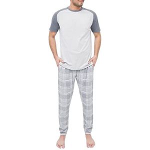 Sleepdown Herenpyjama 2-delig Raglan T-shirt met korte mouwen en geruite broek met manchetten en casual loungewear nachtkleding, Grijs, XXL